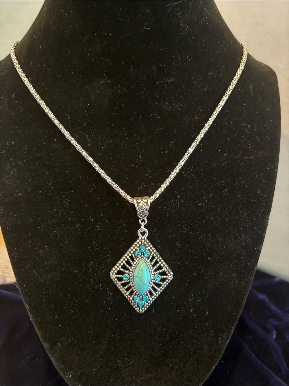 Silver-Tone FauxTurquoise Diamond Pendant Necklace - Women Jewelry